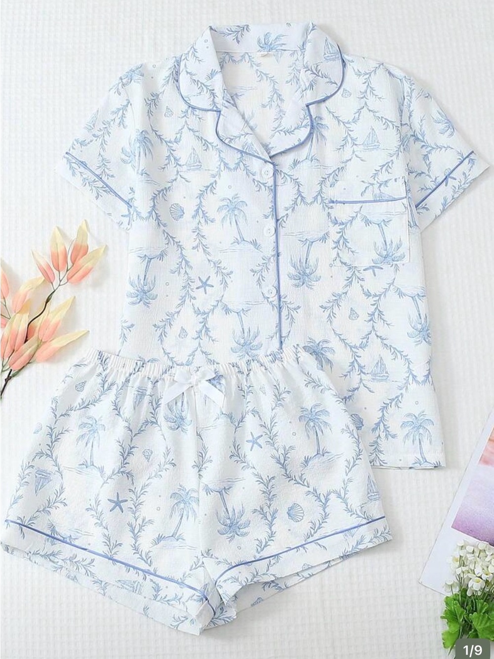 SHEIN White and Light Blue Short Pajama Set with Botanical Print